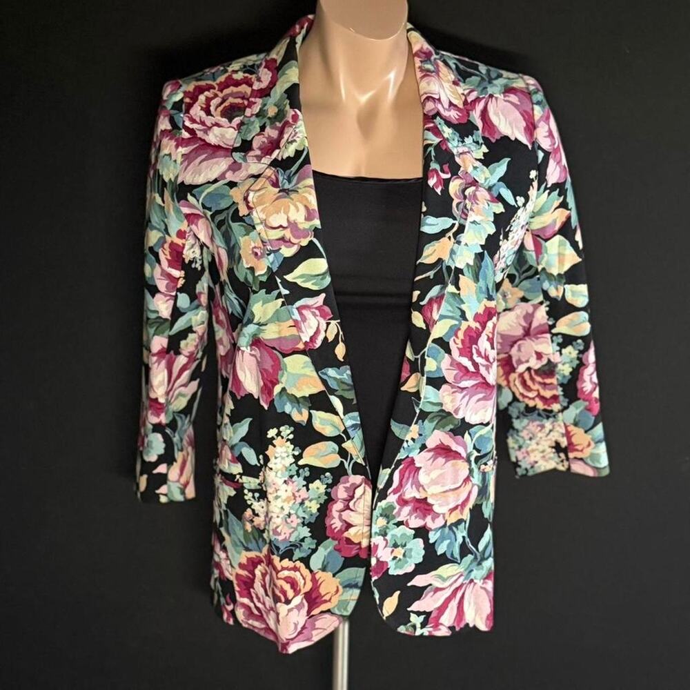 Vintage Floral Print Blazer with 3/4 Sleeves